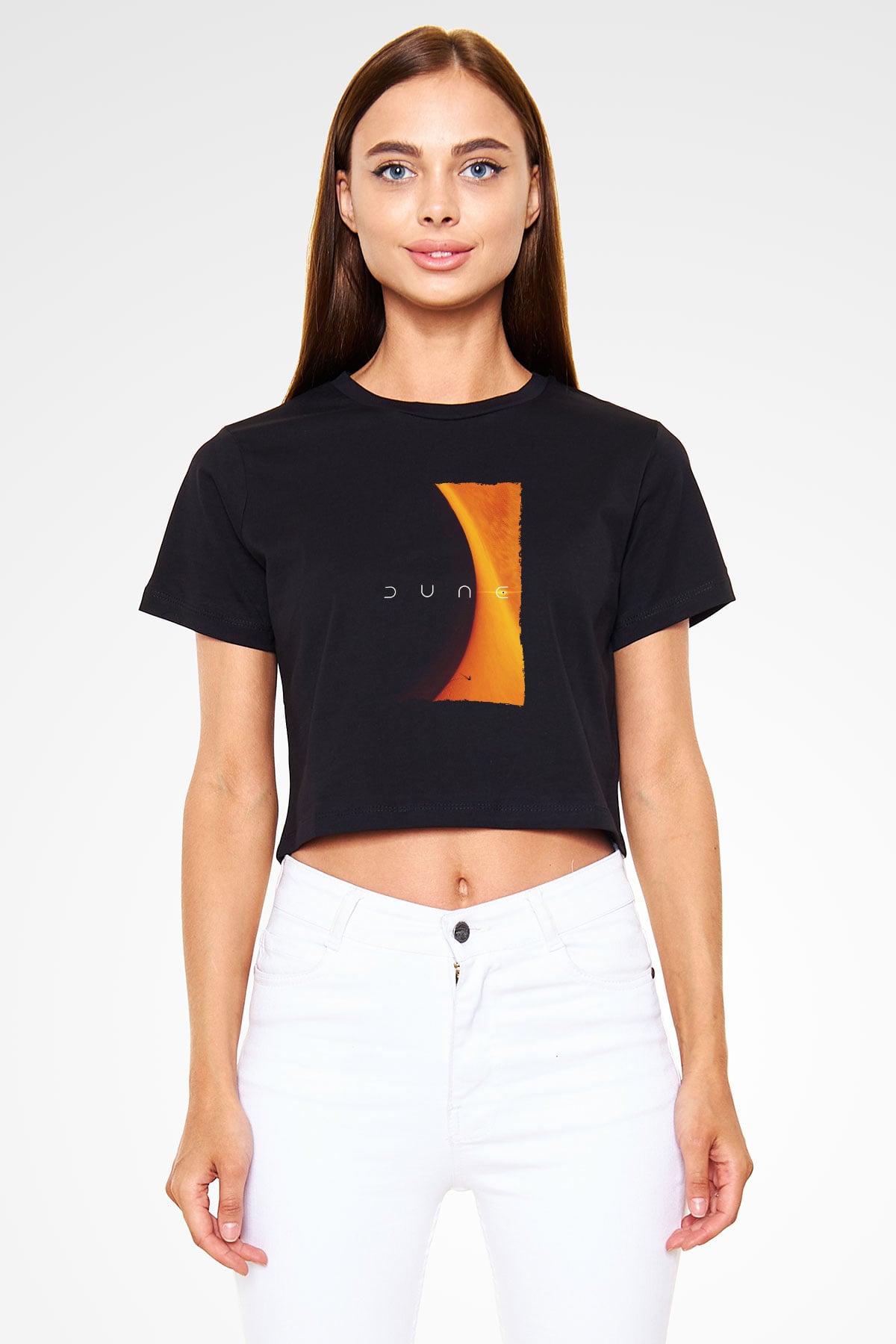 Unisex Dune Baskılı Siyah Crop Top T-shirt