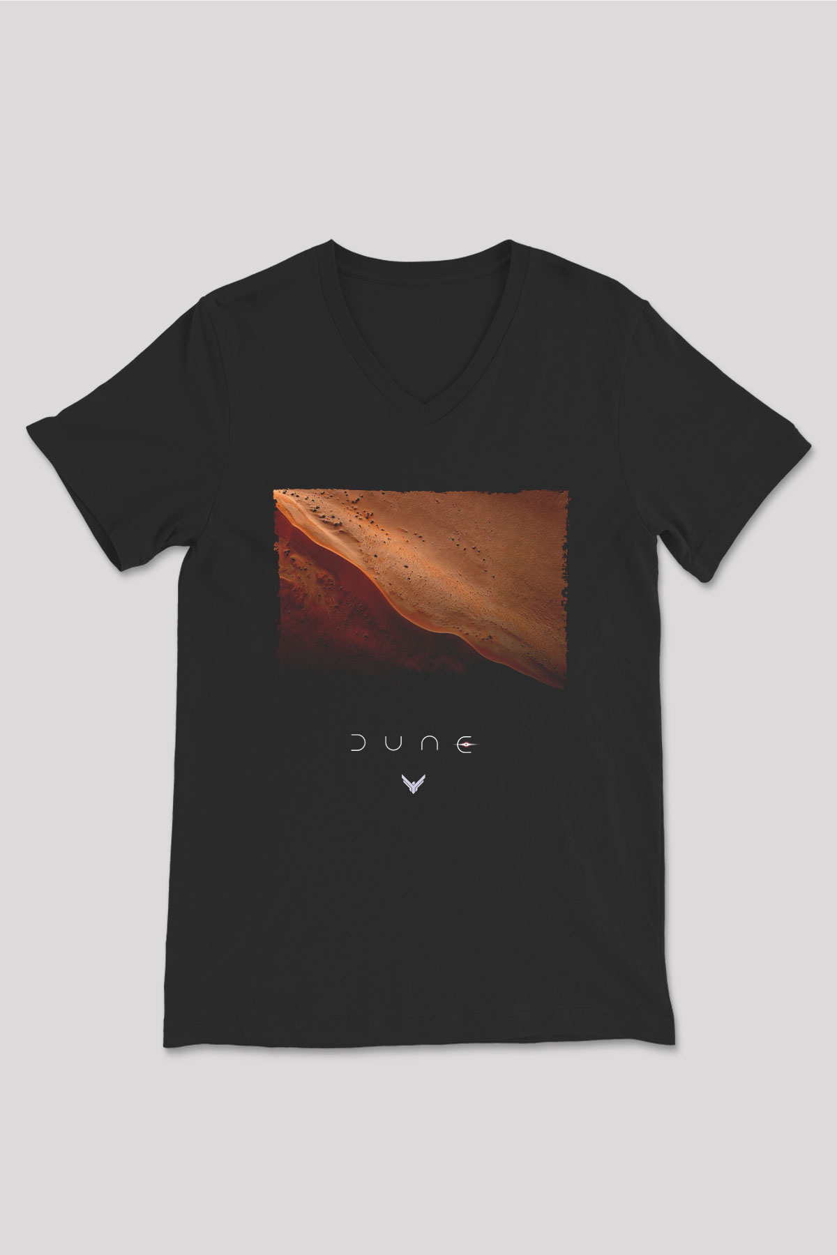 Unisex Dune Çöl Gezegeni (Dune) Baskılı Siyah V Yaka Tişört