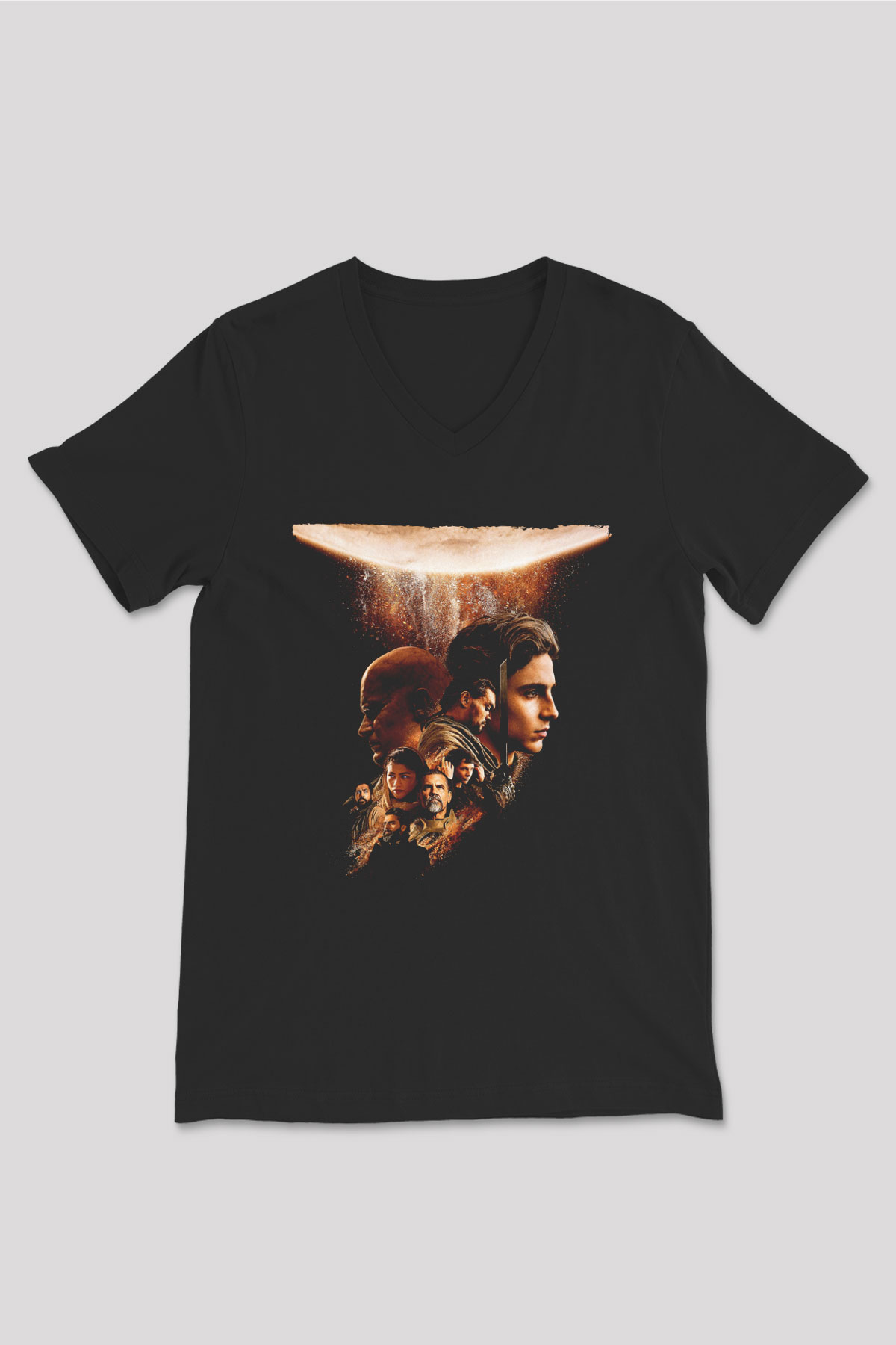 Unisex Dune Part Two Baskılı Siyah V Yaka T-shirt