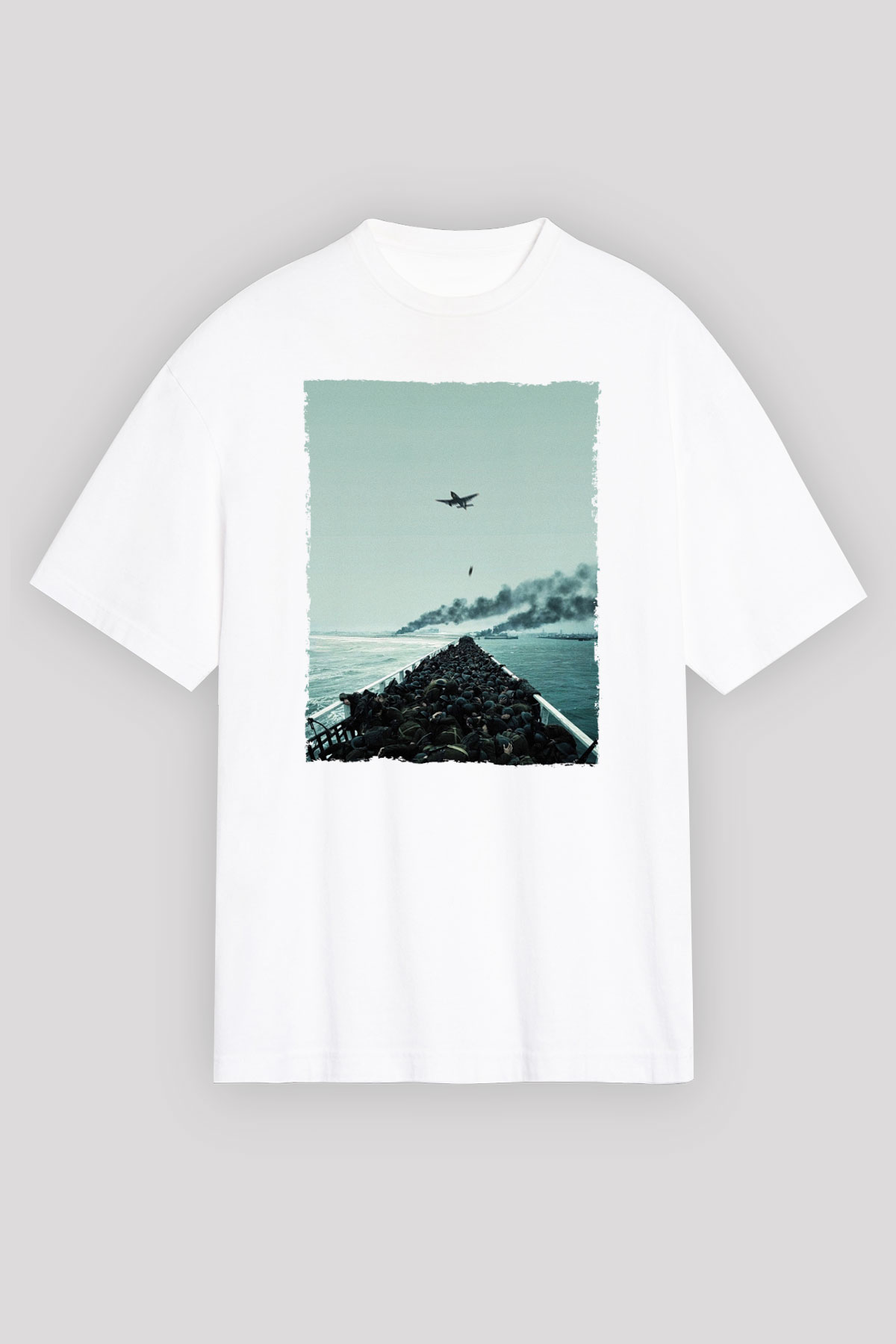 Unisex Dunkirk Baskılı Beyaz Oversize Oversize T-shirt