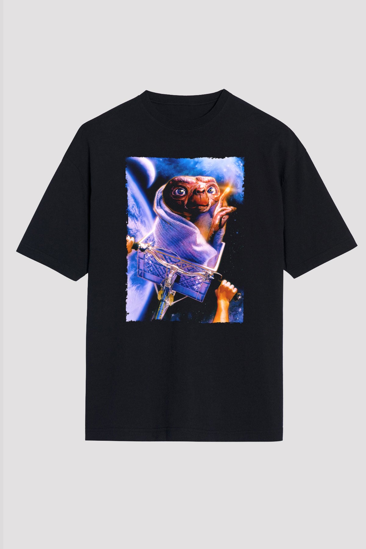 Unisex E.T. (E.T. the Extra-Terrestrial) Baskılı Siyah Oversize Tshirt