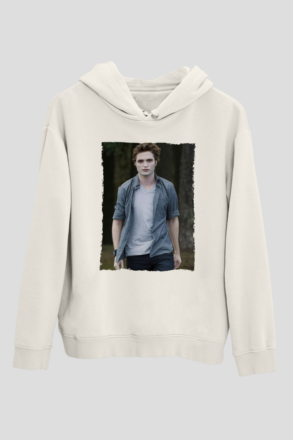Unisex Edward Cullen Baskılı Beyaz Kapüşonlu Sweatshirt