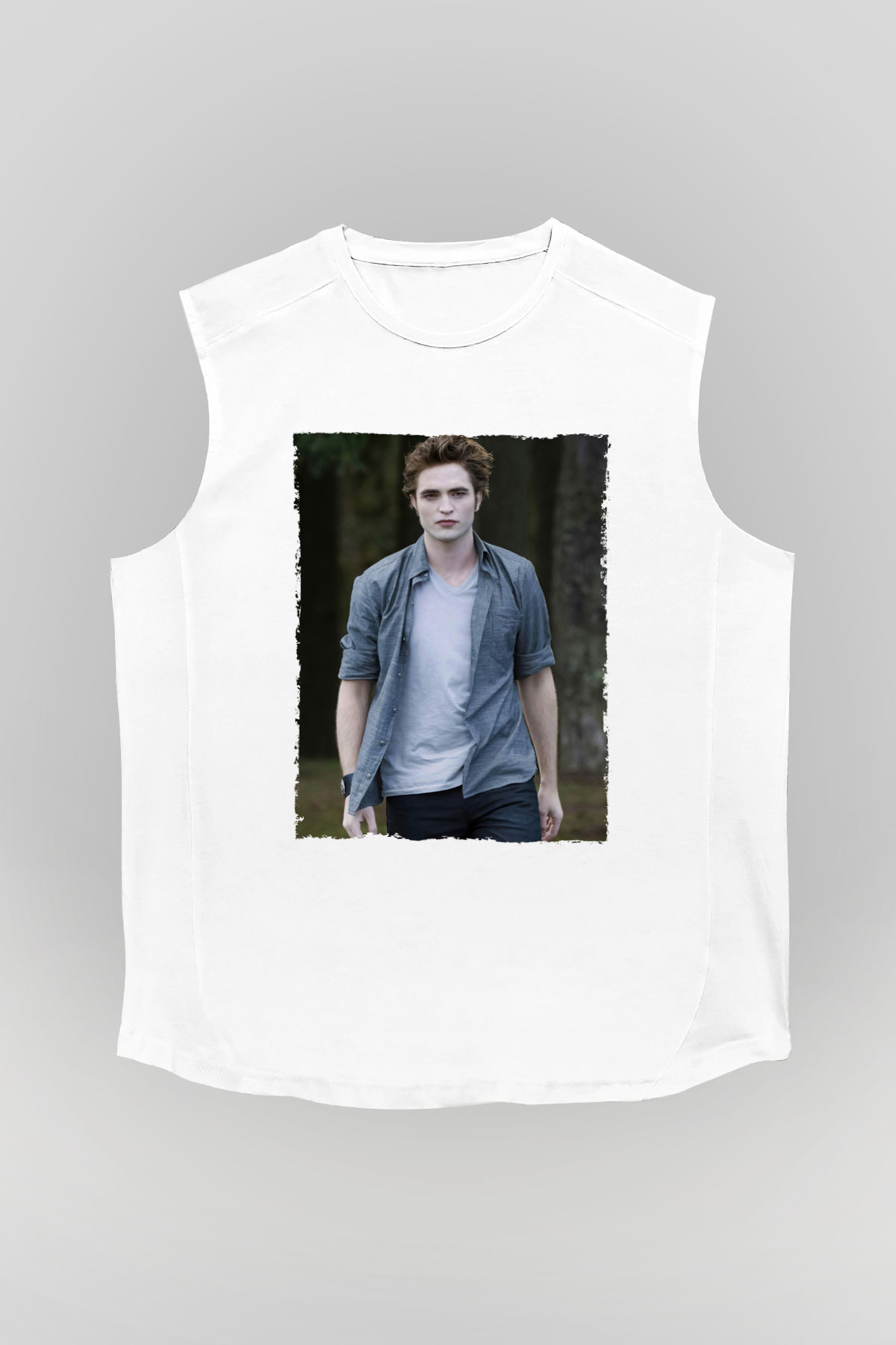 Unisex Edward Cullen Baskılı Beyaz Kolsuz Tshirt