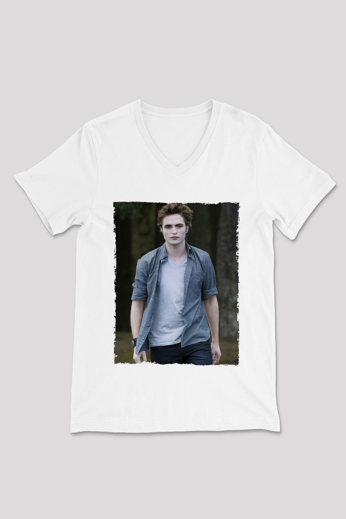 Unisex Edward Cullen Baskılı Beyaz V Yaka Tshirt