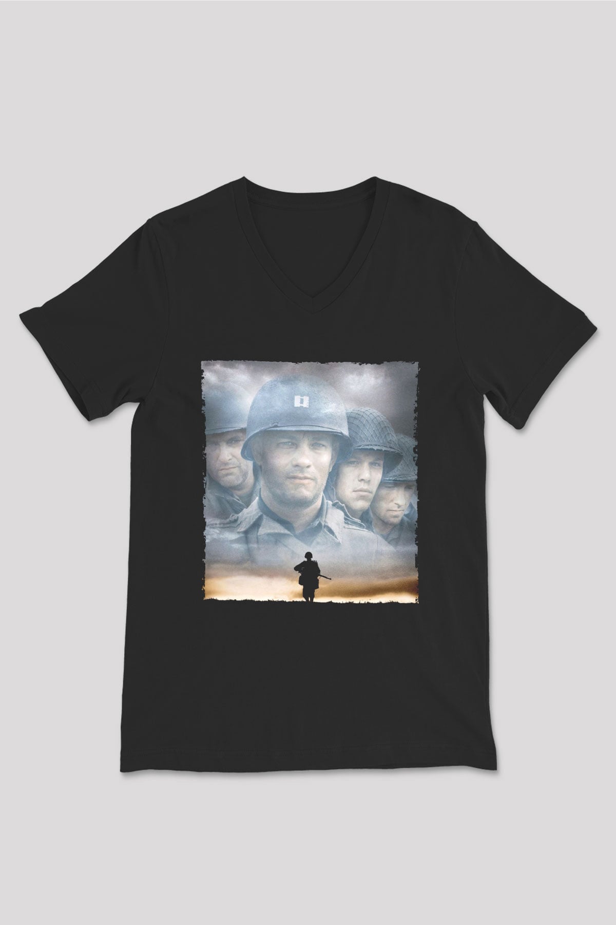 Unisex Er Ryan'ı Kurtarmak (Saving Private Ryan) Baskılı Siyah V Yaka Tişört