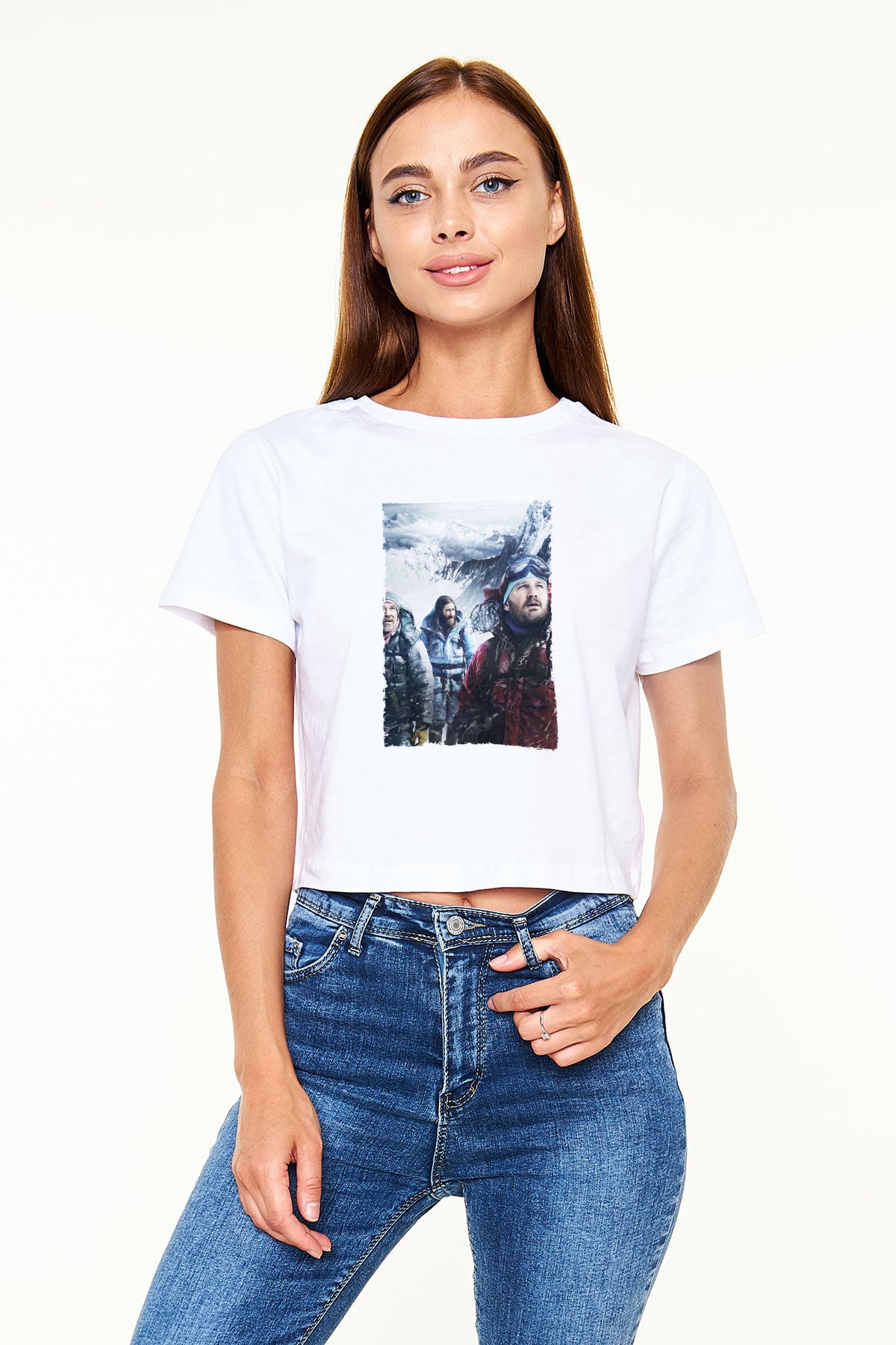 Unisex Everest Dağı Baskılı Beyaz Crop Top Tshirt