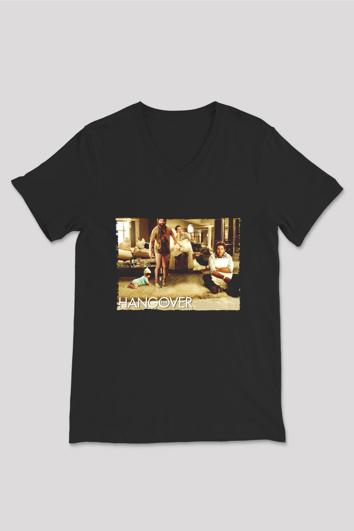 Unisex Felekten Bir Gece (The Hangover) Baskılı Siyah V Yaka Tshirt