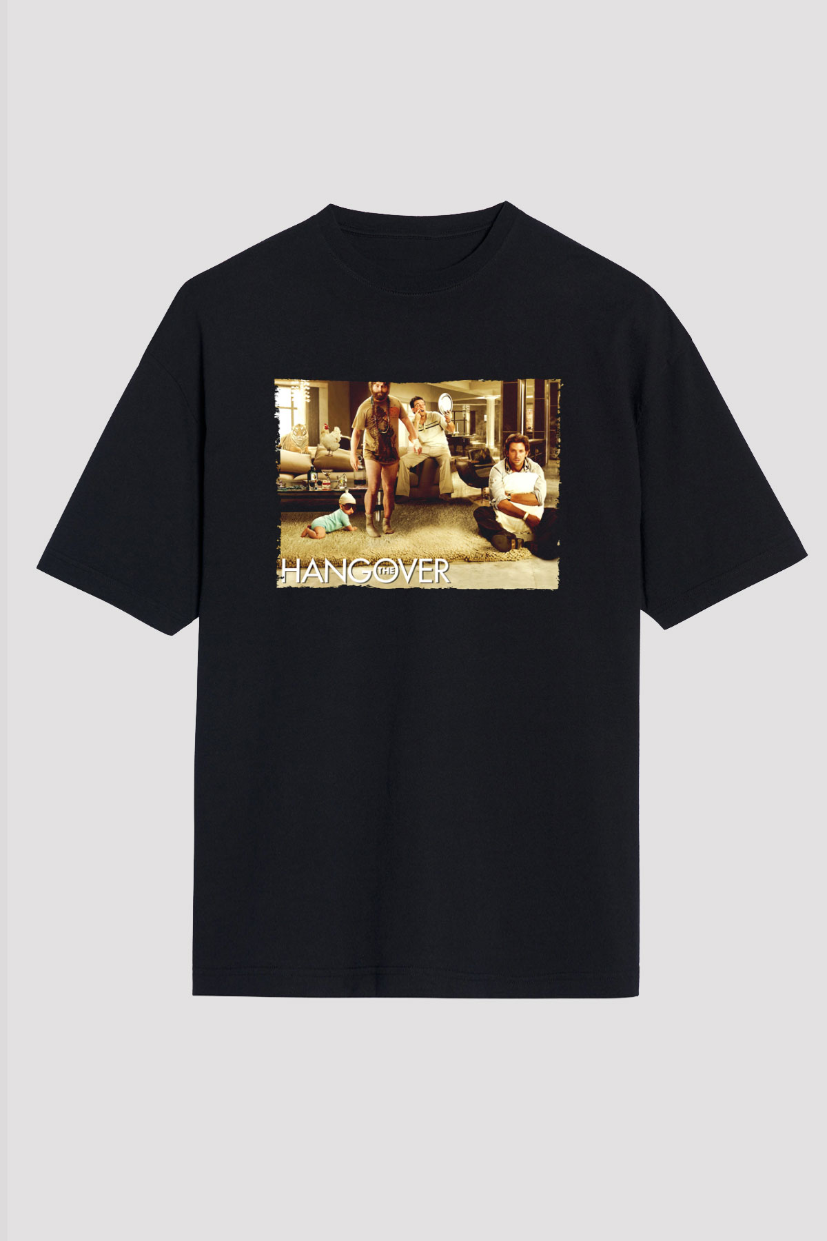 Unisex Felekten Bir Gece (The Hangover) Baskılı Siyah Oversize Tshirt