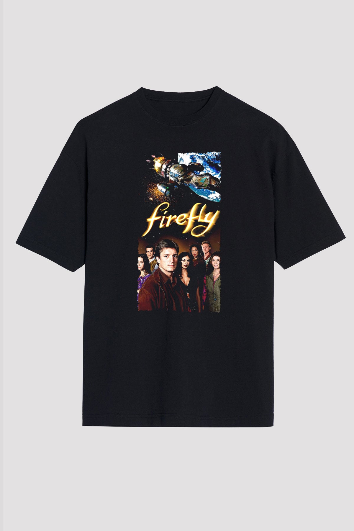 Unisex Firefly Baskılı Siyah Oversize Tişört