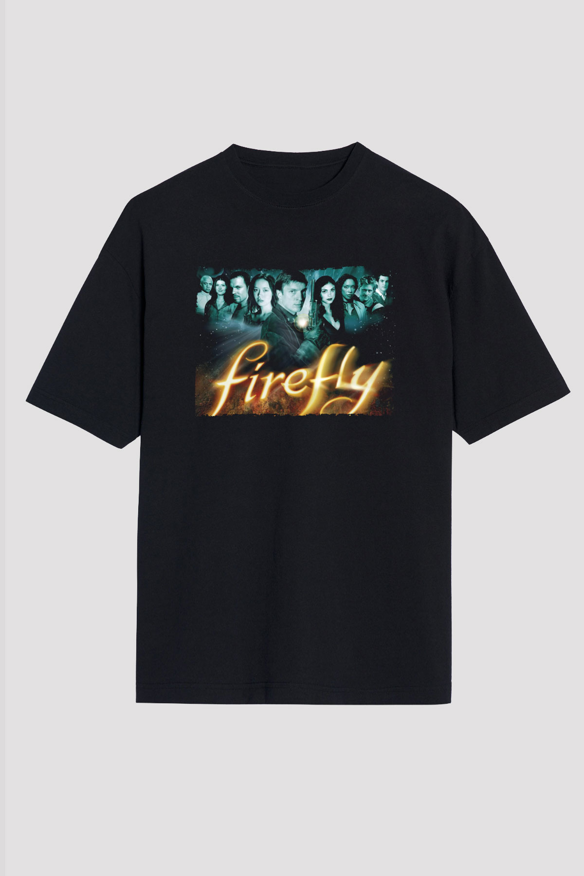 Unisex Firefly Baskılı Siyah Unisex Oversize Tişört