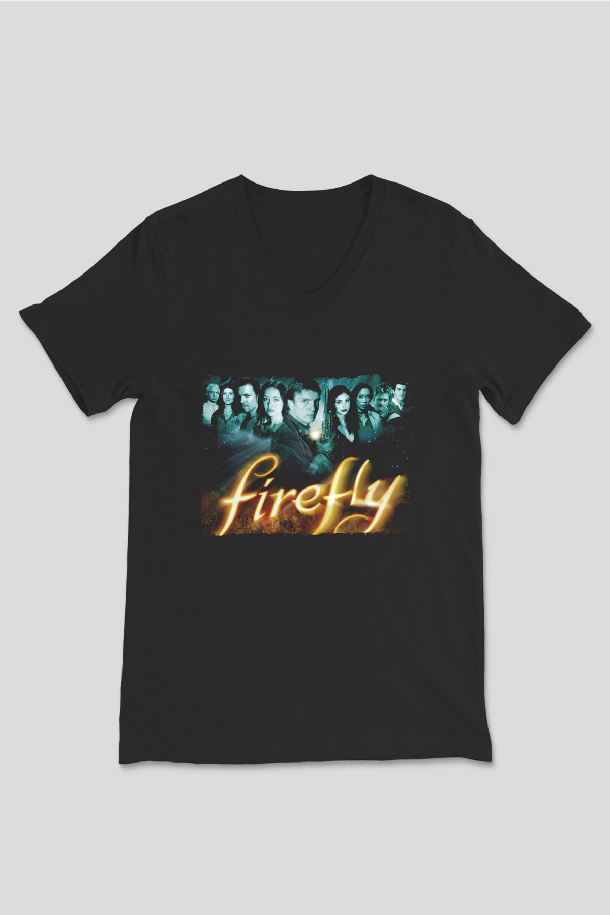 Unisex Firefly Baskılı Siyah Unisex V Yaka Tişört