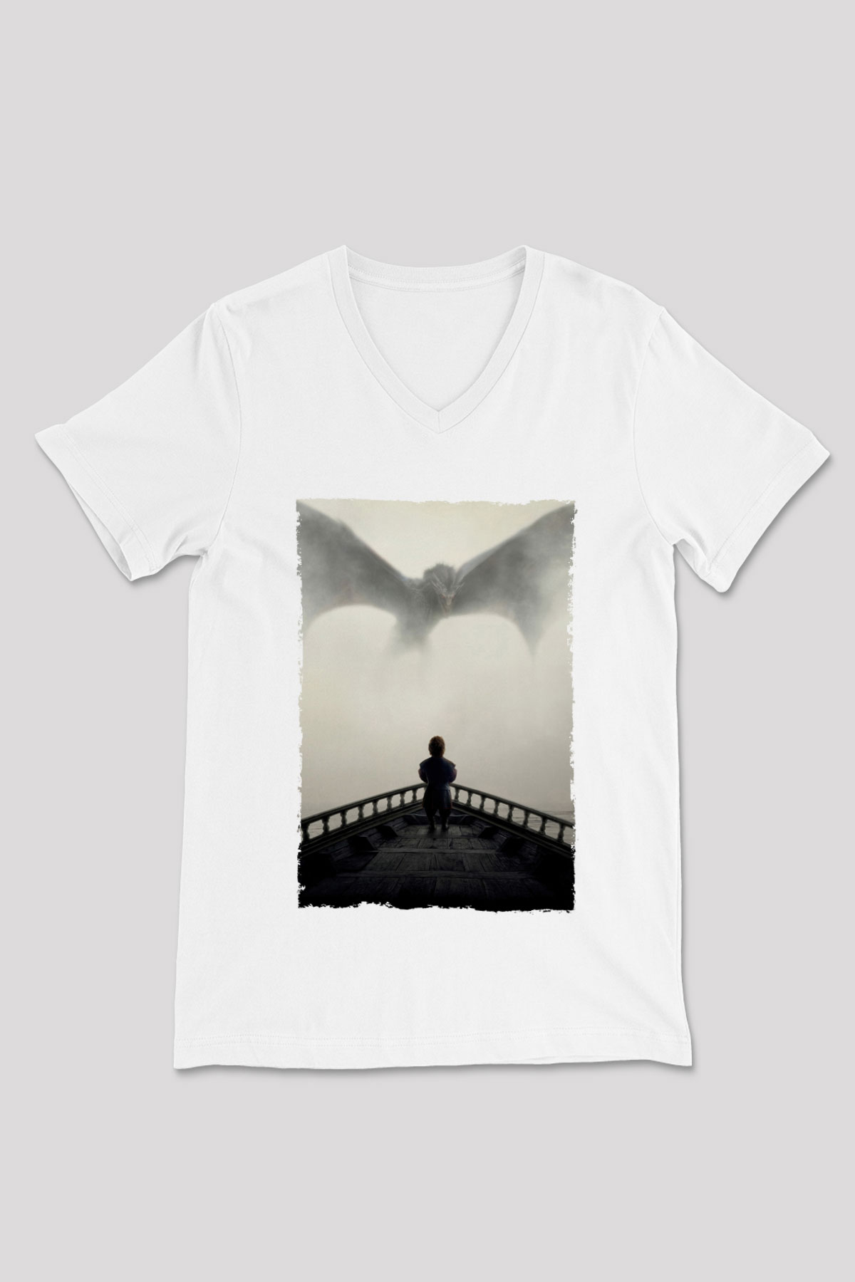 Unisex Game of Thrones Baskılı Beyaz V Yaka Tişört