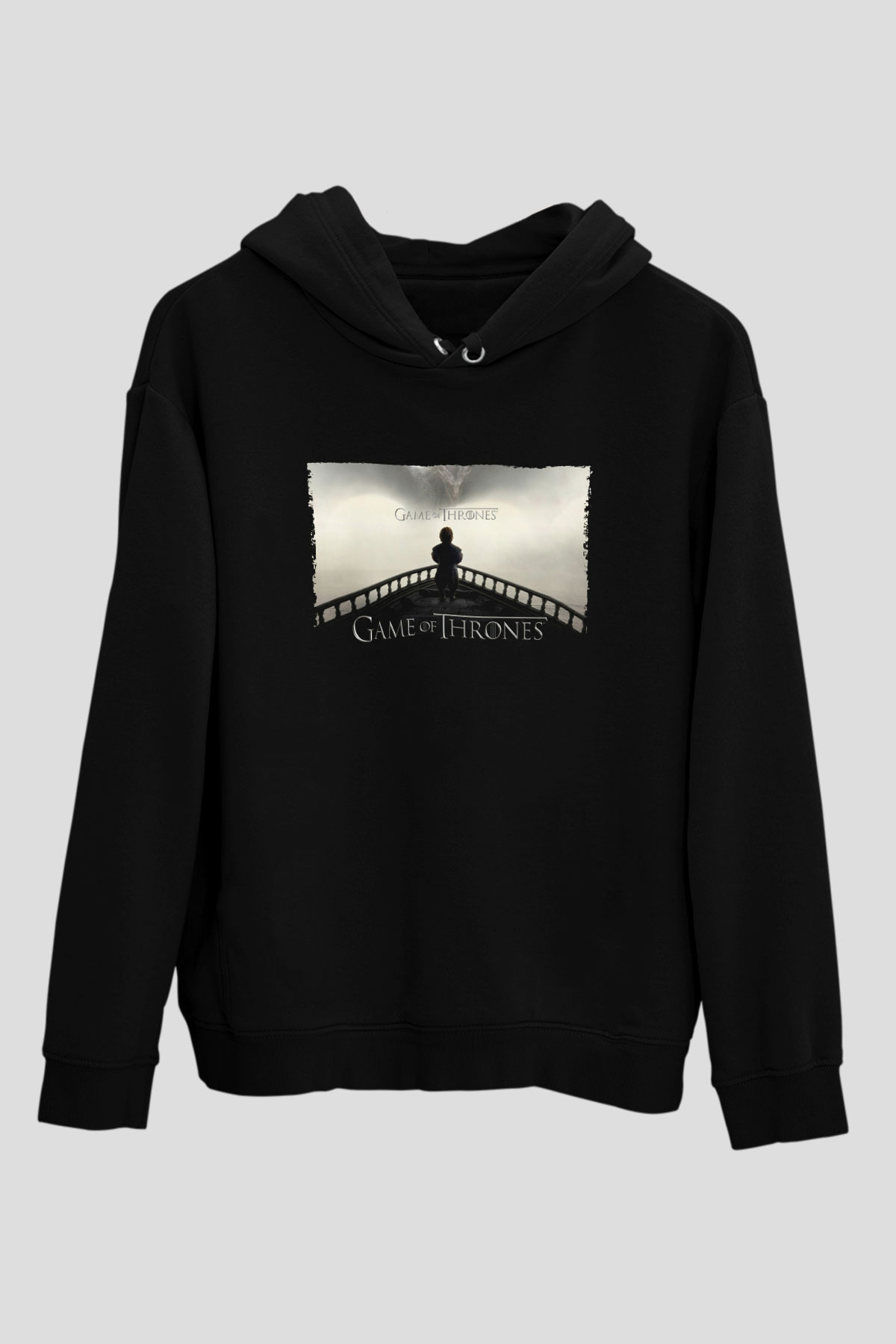 Unisex Game of Thrones Baskılı Siyah Kapüşonlu Sweatshirt