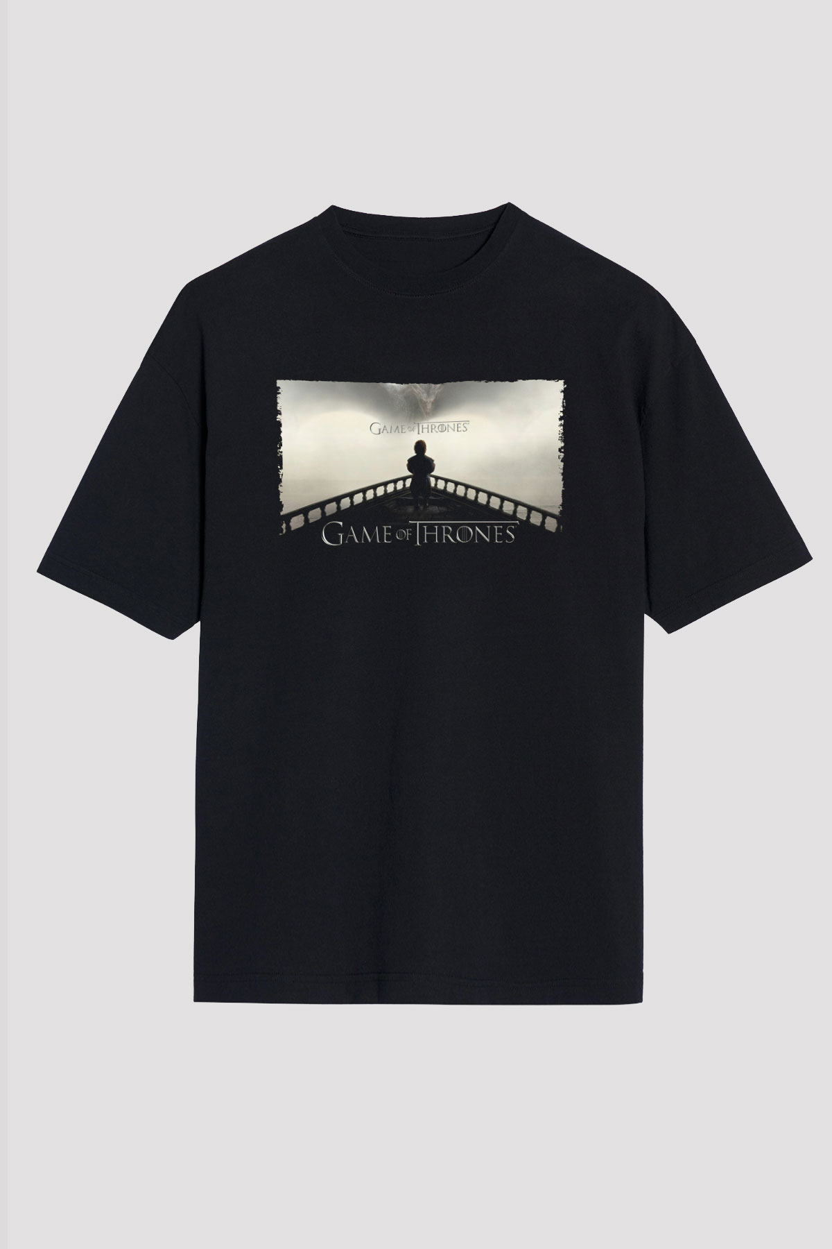 Unisex Game of Thrones Baskılı Siyah Oversize Tişört