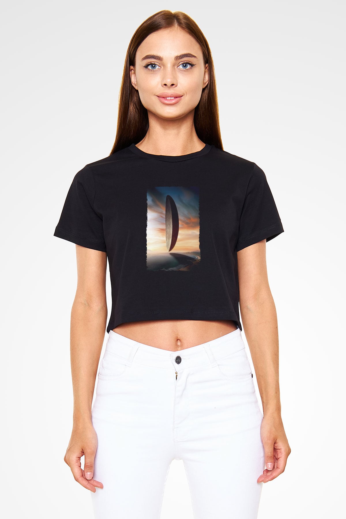 Unisex Geliş (Arrival) Baskılı Siyah Crop Top Tişört