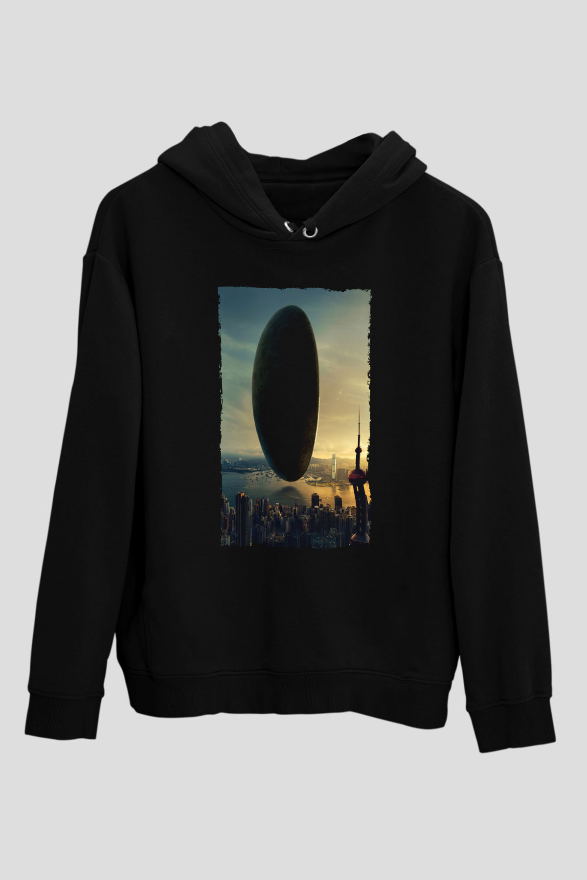Unisex Geliş (Arrival) Baskılı Siyah Kapüşonlu Sweatshirt