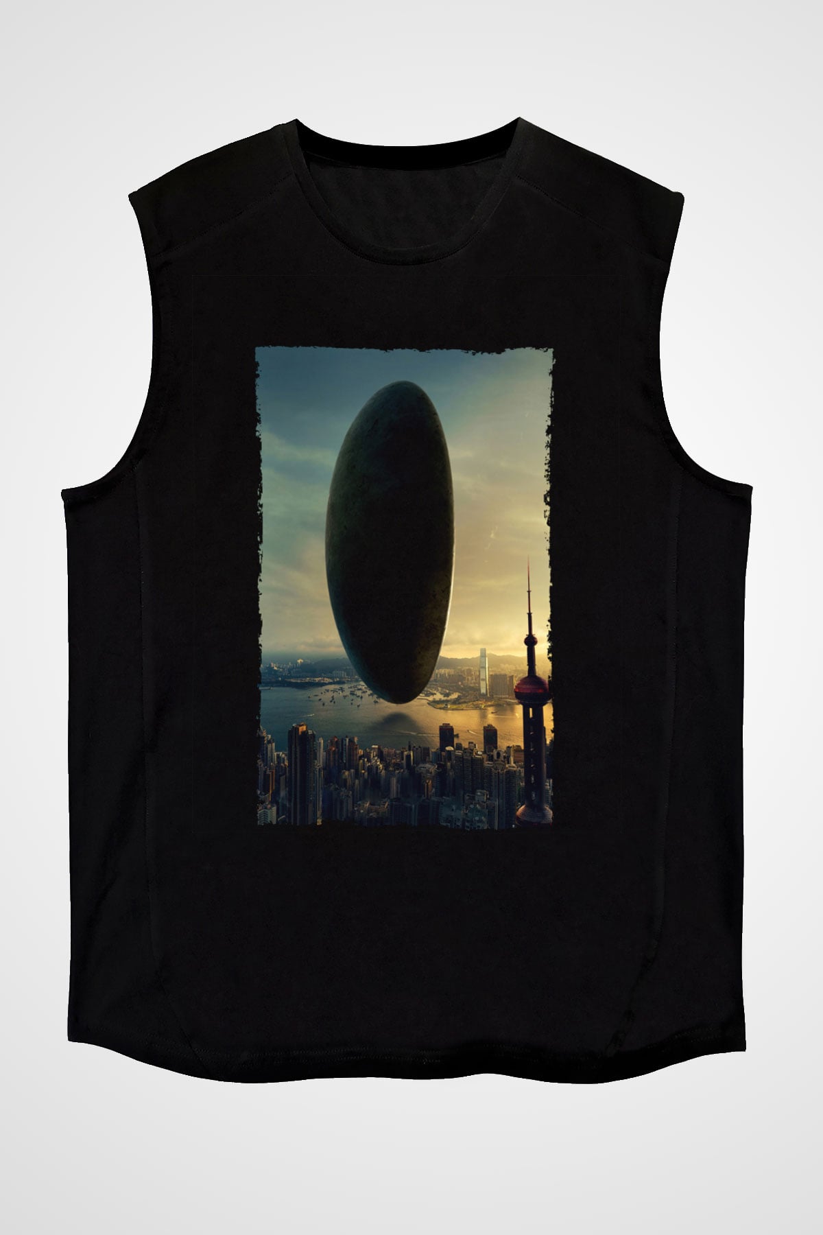 Unisex Geliş (Arrival) Baskılı Siyah Kolsuz Tshirt