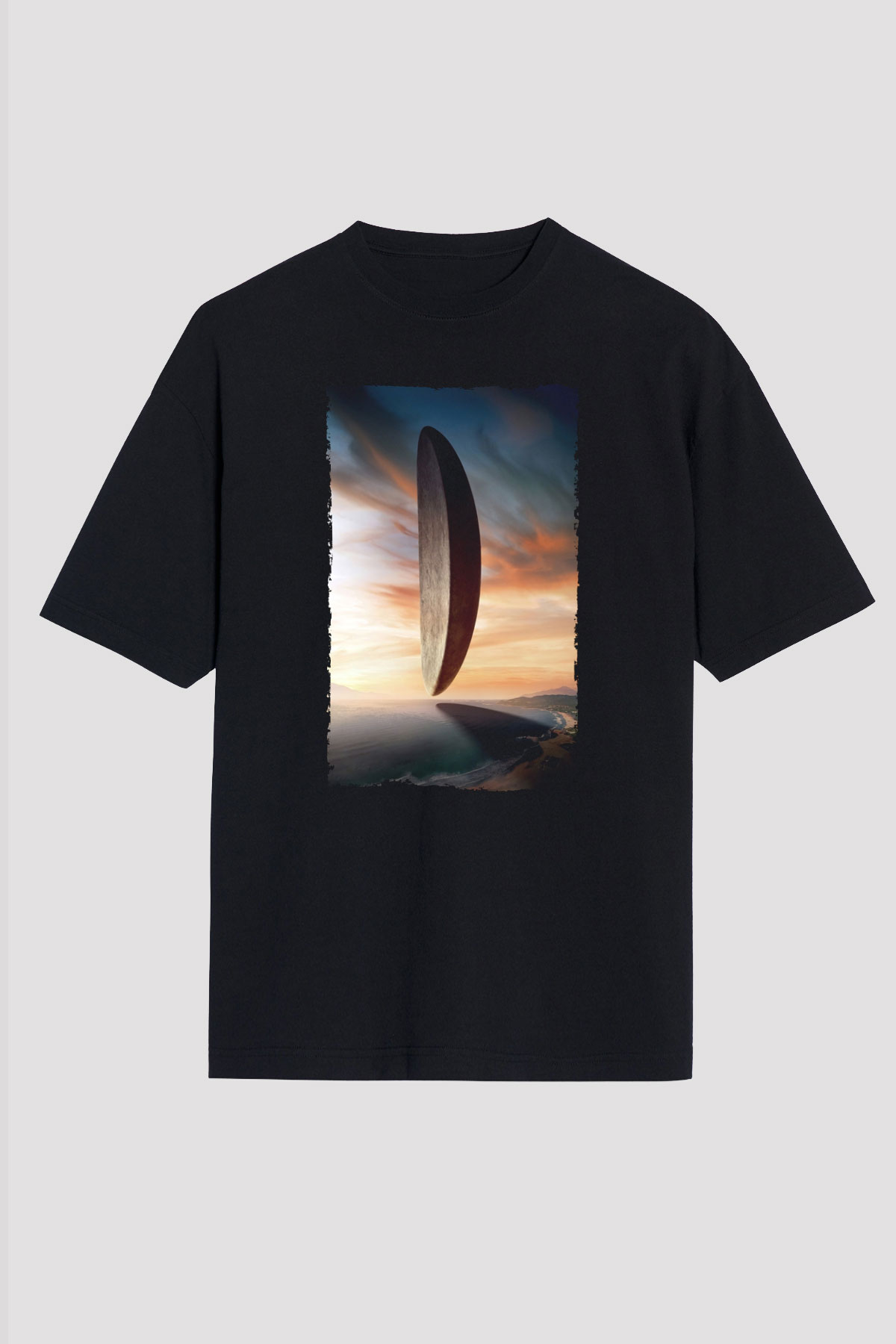 Unisex Geliş (Arrival) Baskılı Siyah Oversize Tişört