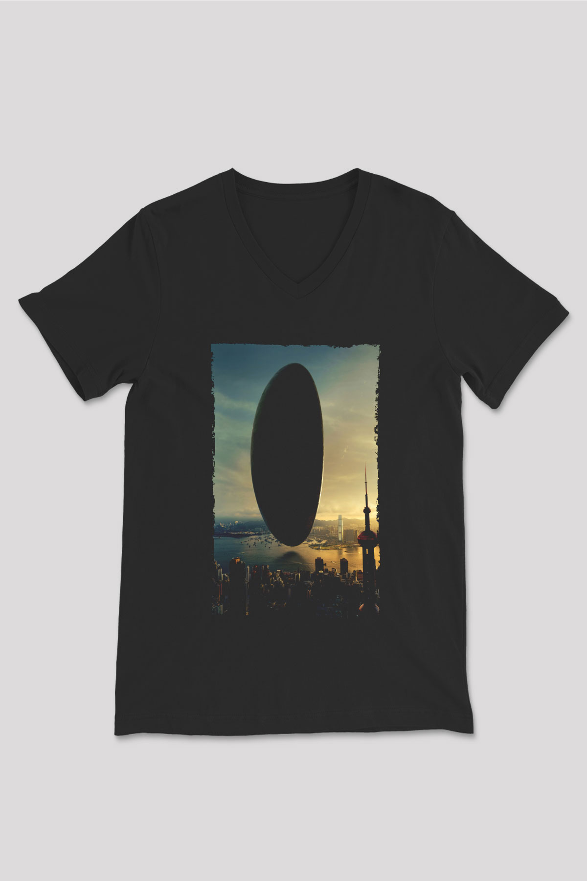 Unisex Geliş (Arrival) Baskılı Siyah V Yaka Tshirt