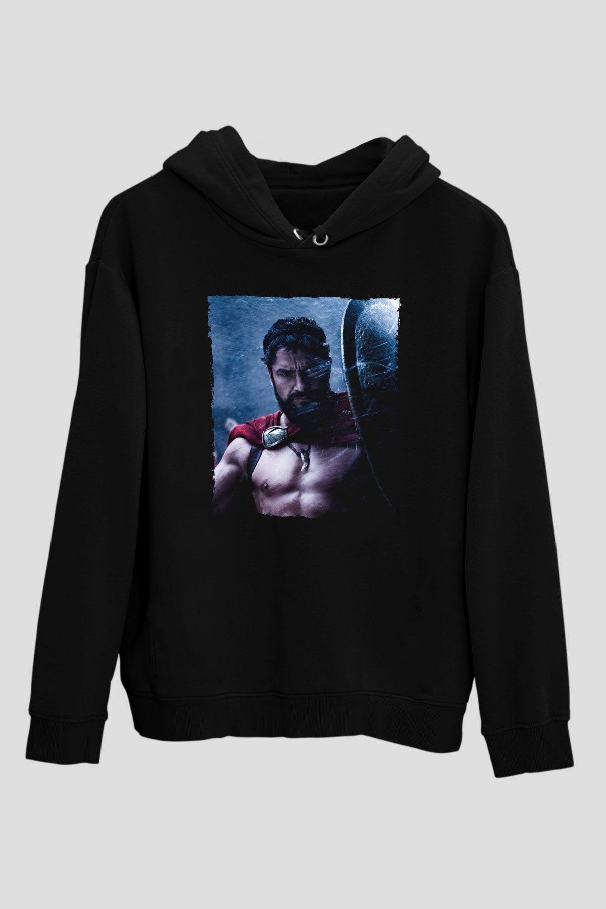 Unisex Gerard Butler 300 Spartalı Baskılı Siyah Kapüşonlu Sweatshirt