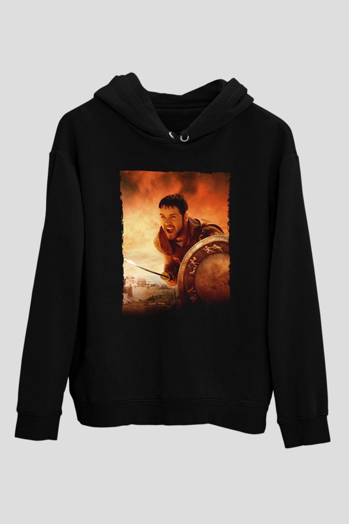 Unisex Gladyatör Baskılı Siyah Kapüşonlu Sweatshirt