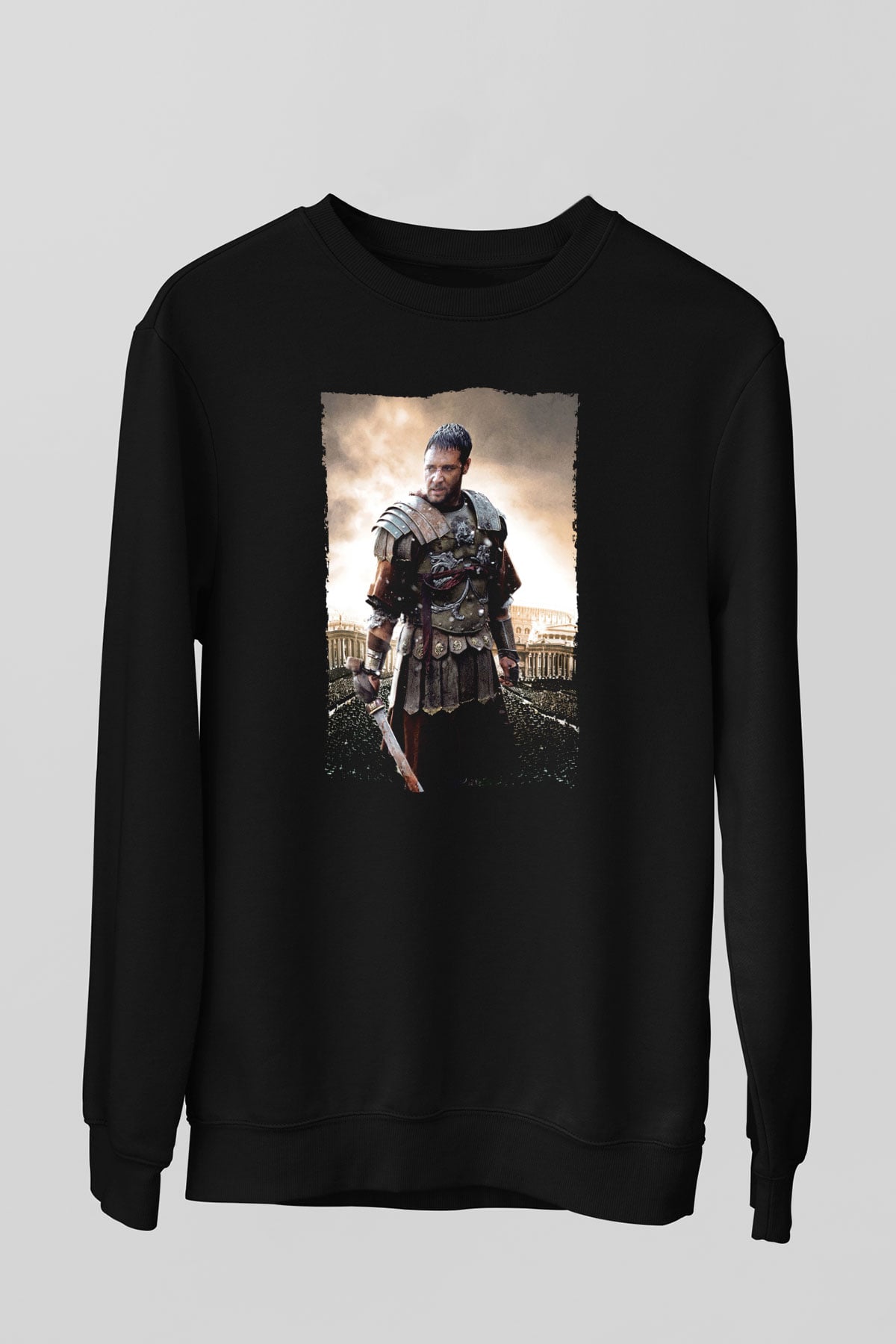 Unisex Gladyatör Baskılı Siyah Sweatshirt