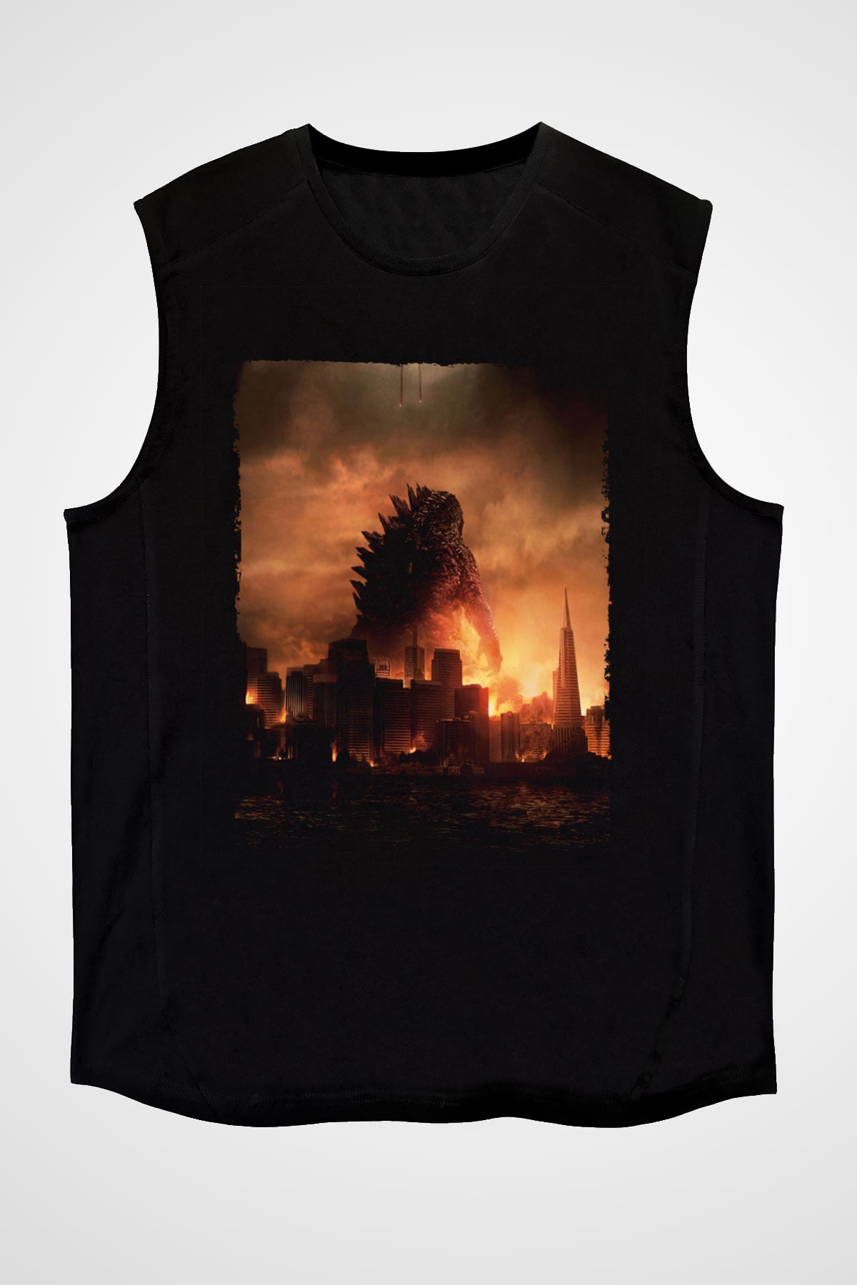 Unisex Godzilla Baskılı Siyah Kolsuz Tshirt