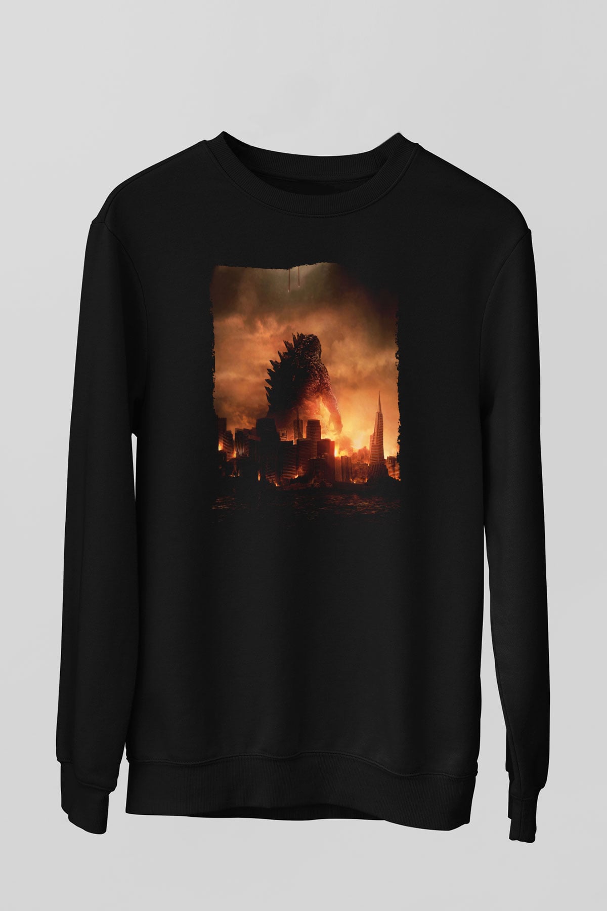 Unisex Godzilla Baskılı Siyah Sweatshirt