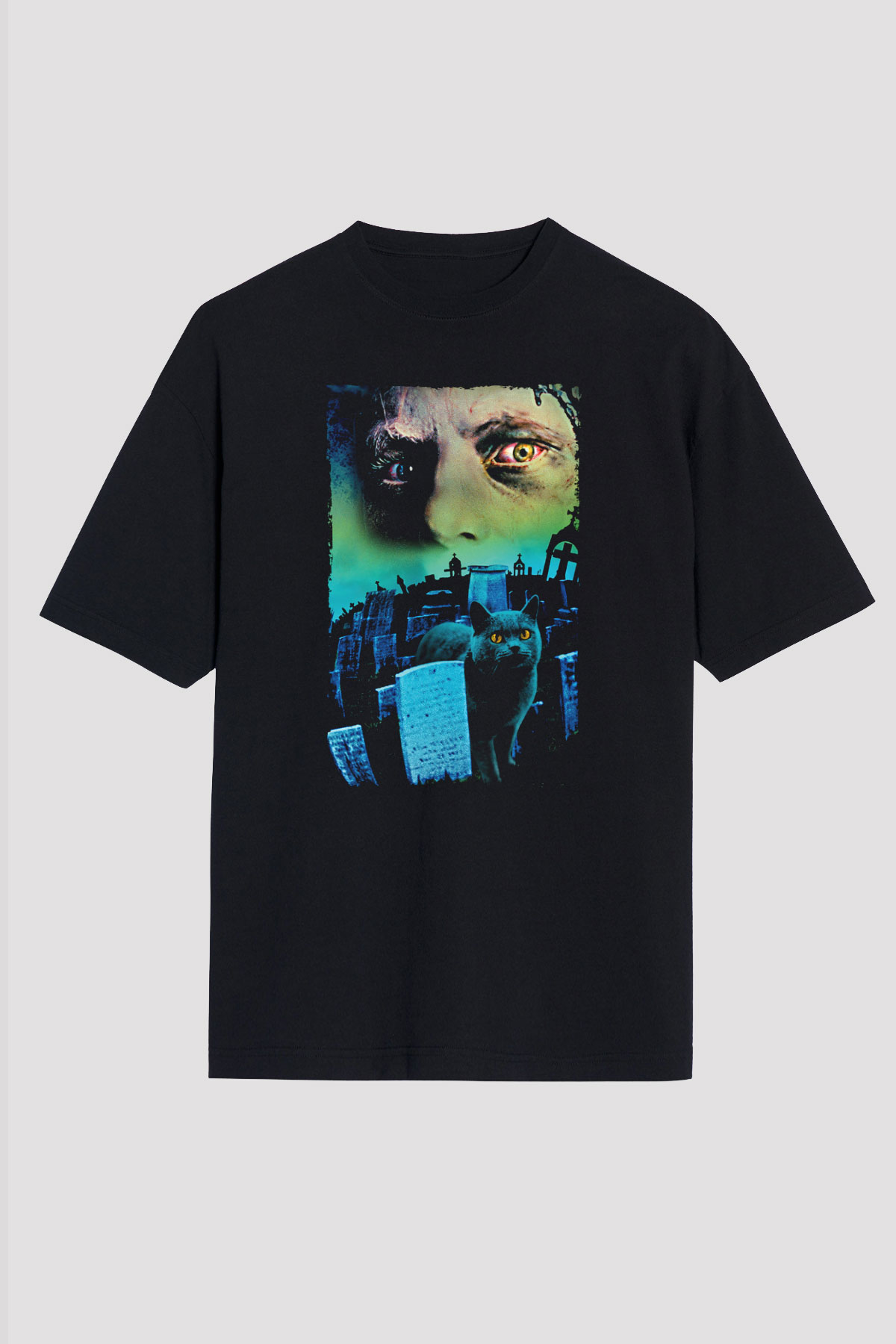 Unisex Hayvan Mezarlığı (Pet Sematary) Baskılı Siyah Oversize Tişört