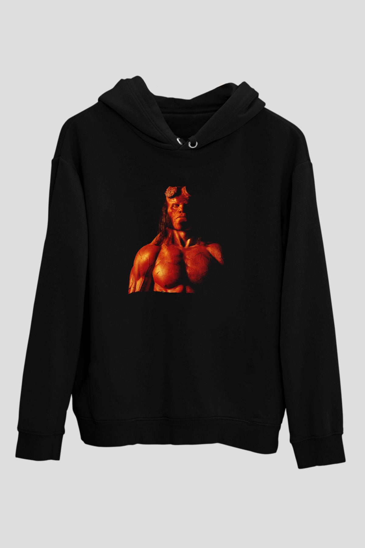 Unisex Hellboy Baskılı Siyah Kapüşonlu Sweatshirt