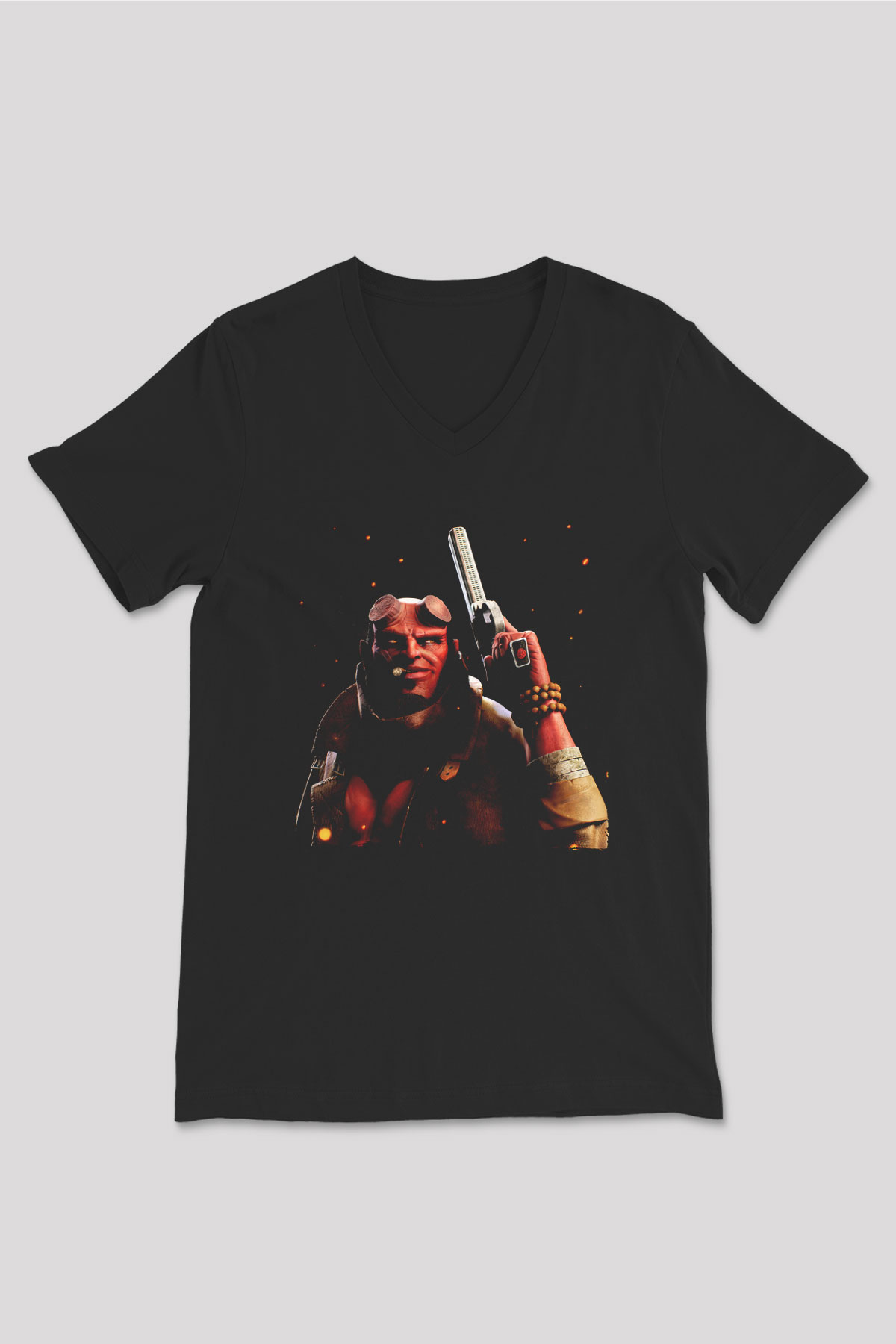 Unisex Hellboy Baskılı Siyah V Yaka Tshirt