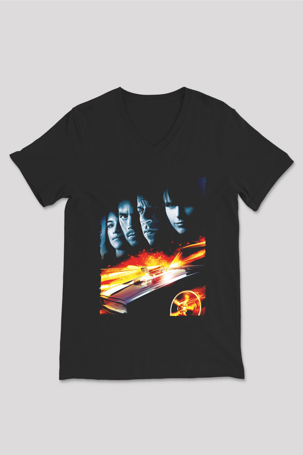 Unisex Hızlı ve Öfkeli 5 Rio Soygunu (Fast Five) Baskılı Siyah V Yaka Tshirt