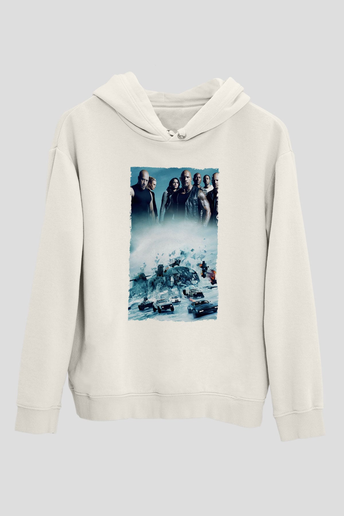 Unisex Hızlı ve Öfkeli 8 (The Fate of the Furious) Baskılı Beyaz Kapüşonlu Sweatshirt