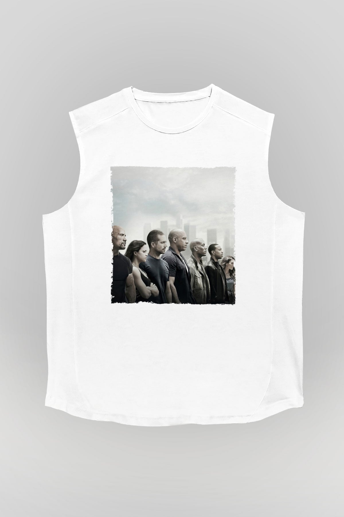 Unisex Hızlı ve Öfkeli Baskılı Beyaz Kolsuz T-shirt