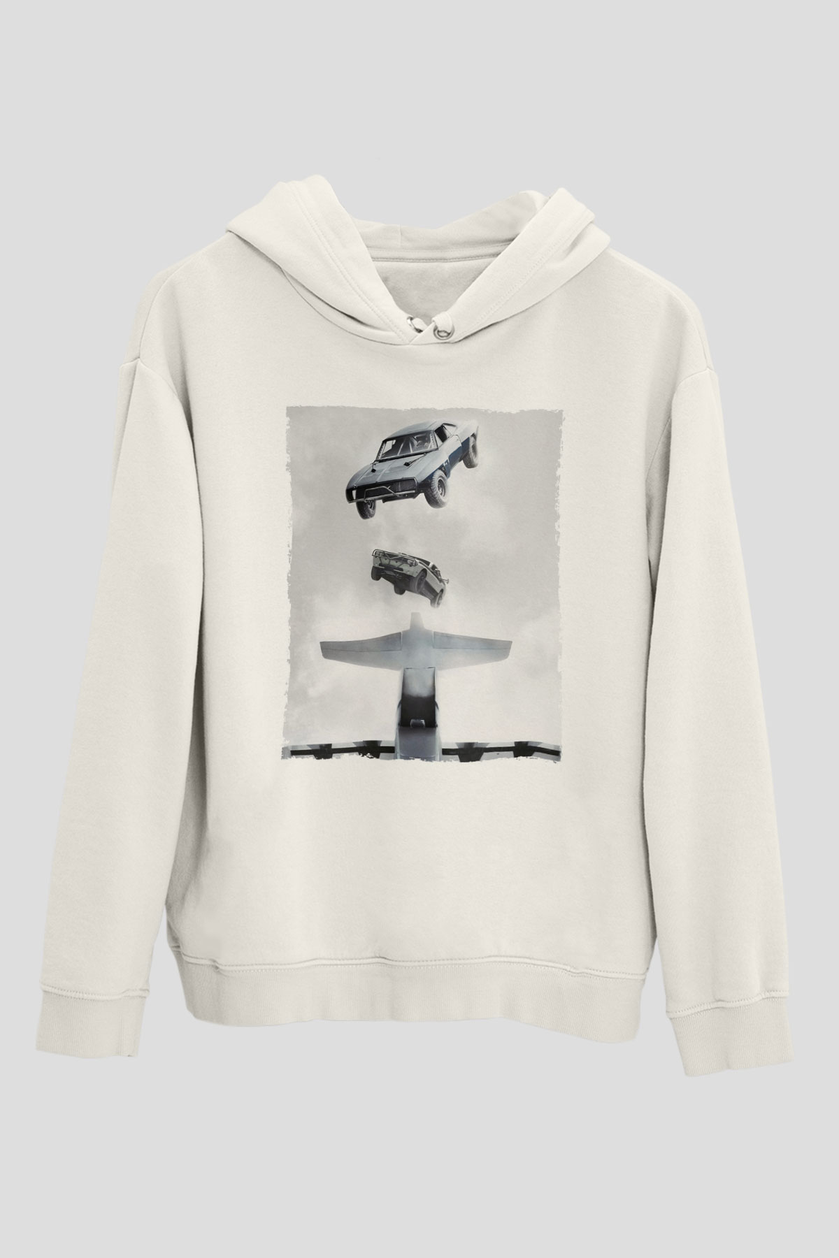 Unisex Hızlı ve Öfkeli Baskılı Beyaz Kapüşonlu Sweatshirt