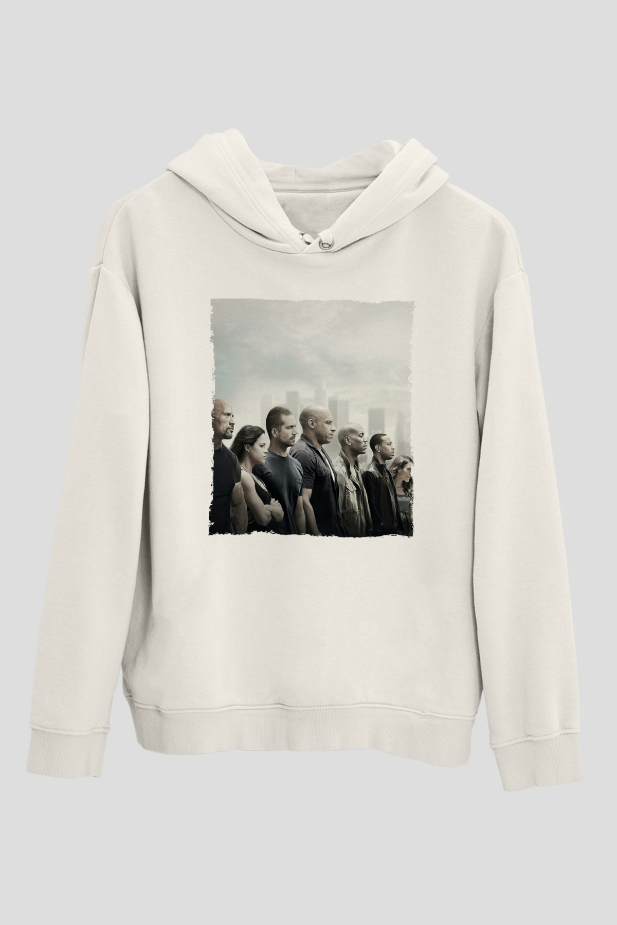 Unisex Hızlı ve Öfkeli Baskılı Beyaz Kapüşonlu Sweatshirt