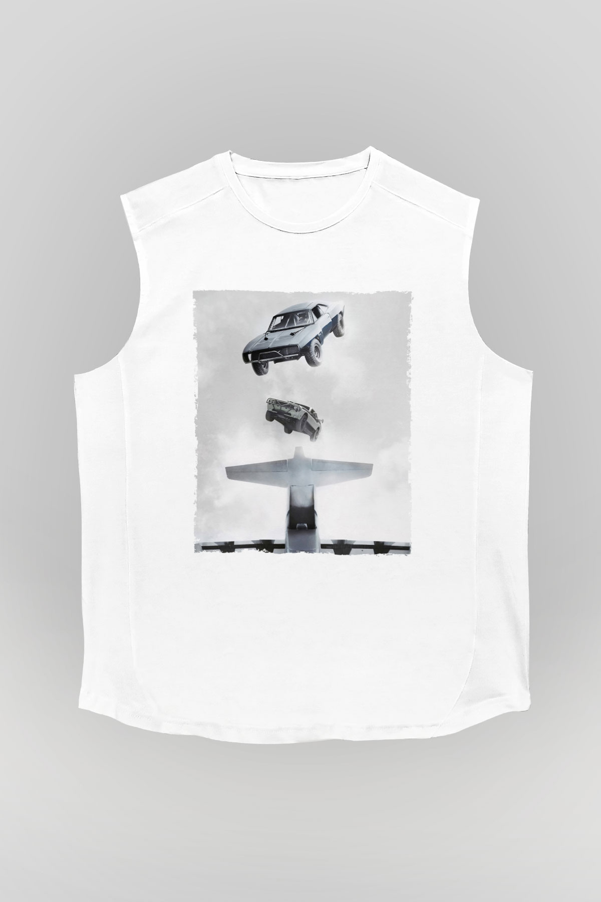 Unisex Hızlı ve Öfkeli Baskılı Beyaz Kolsuz Tshirt