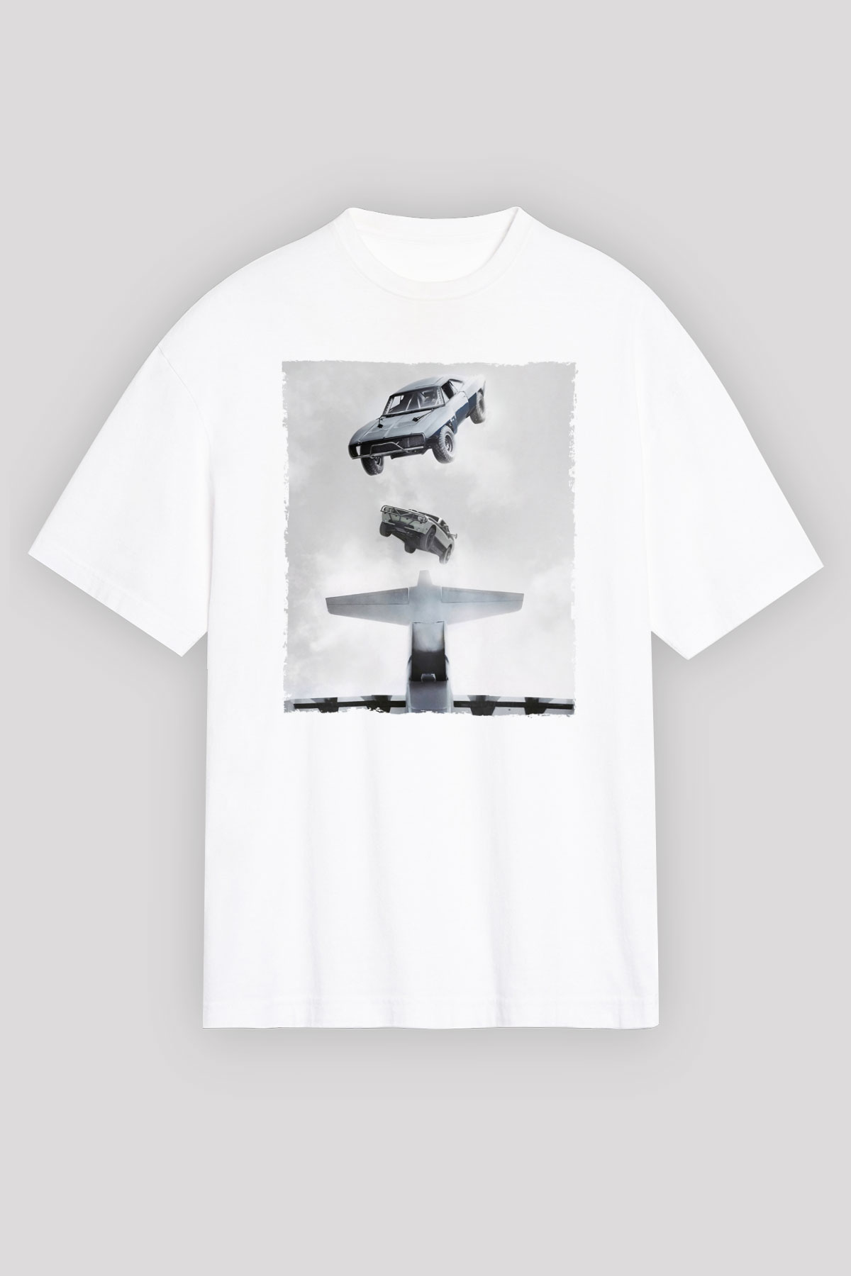 Unisex Hızlı ve Öfkeli Baskılı Beyaz Oversize Oversize T-shirt