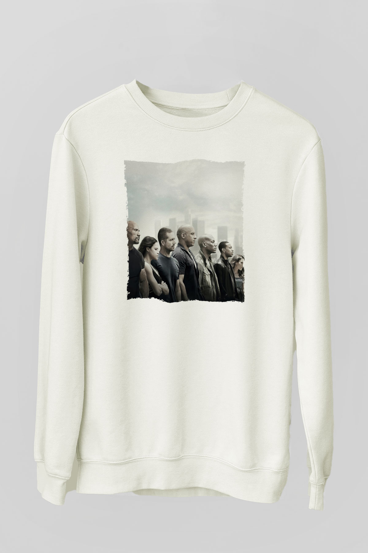 Unisex Hızlı ve Öfkeli Baskılı Beyaz Sweatshirt