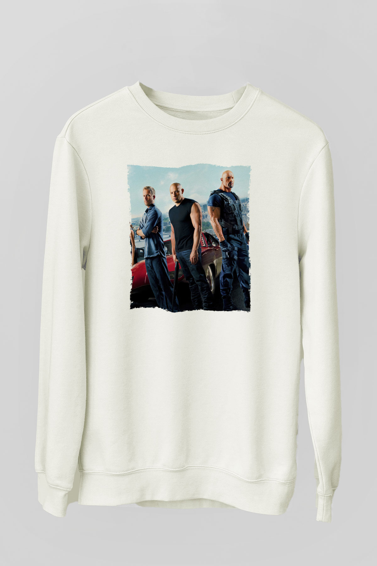 Unisex Hızlı ve Öfkeli Baskılı Beyaz Sweatshirt