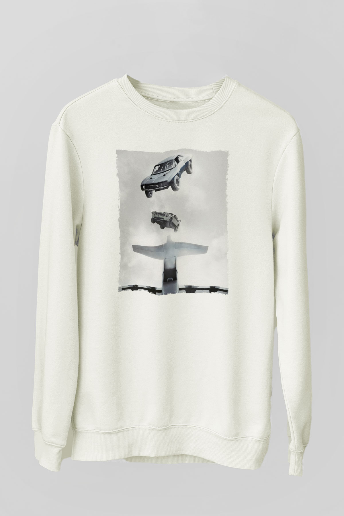 Unisex Hızlı ve Öfkeli Baskılı Beyaz Sweatshirt