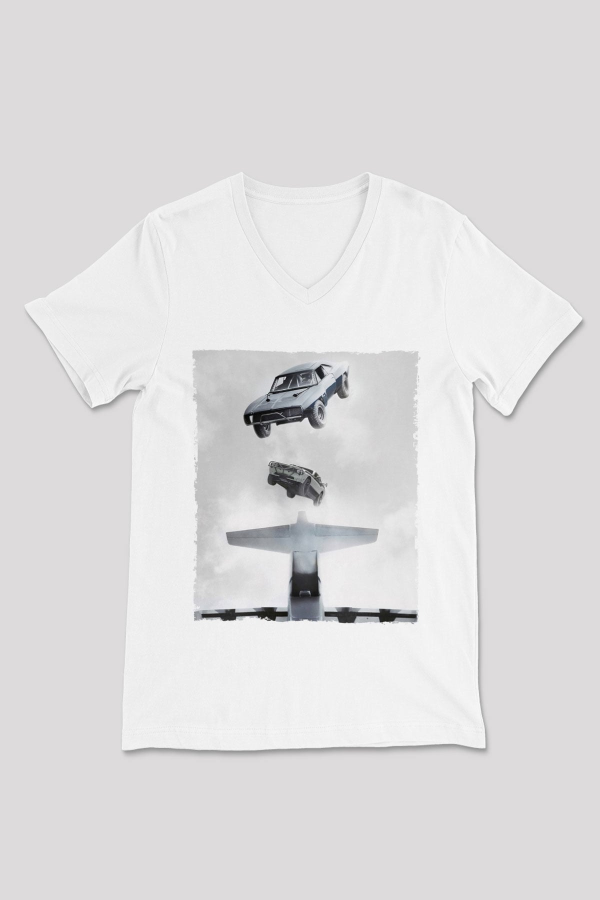 Unisex Hızlı ve Öfkeli Baskılı Beyaz V Yaka Tshirt