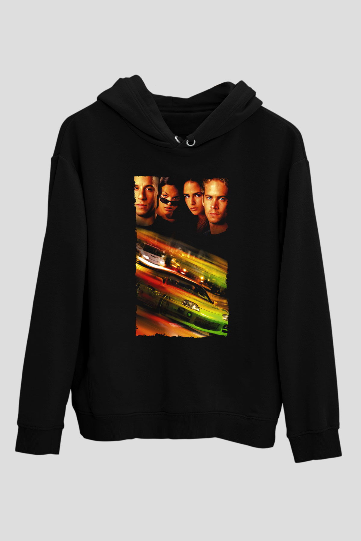 Unisex Hızlı ve Öfkeli (Fast & Furious) Baskılı Siyah Unisex Kapüşonlu Sweatshirt