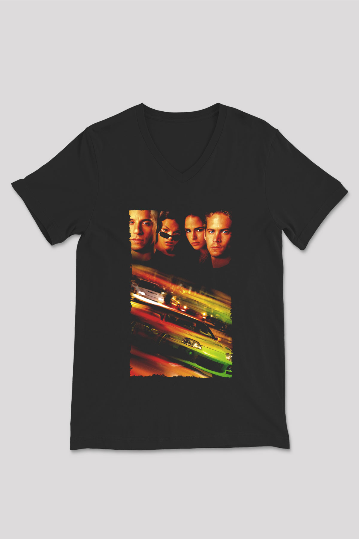 Unisex Hızlı ve Öfkeli (Fast & Furious) Baskılı Siyah Unisex V Yaka Tişört