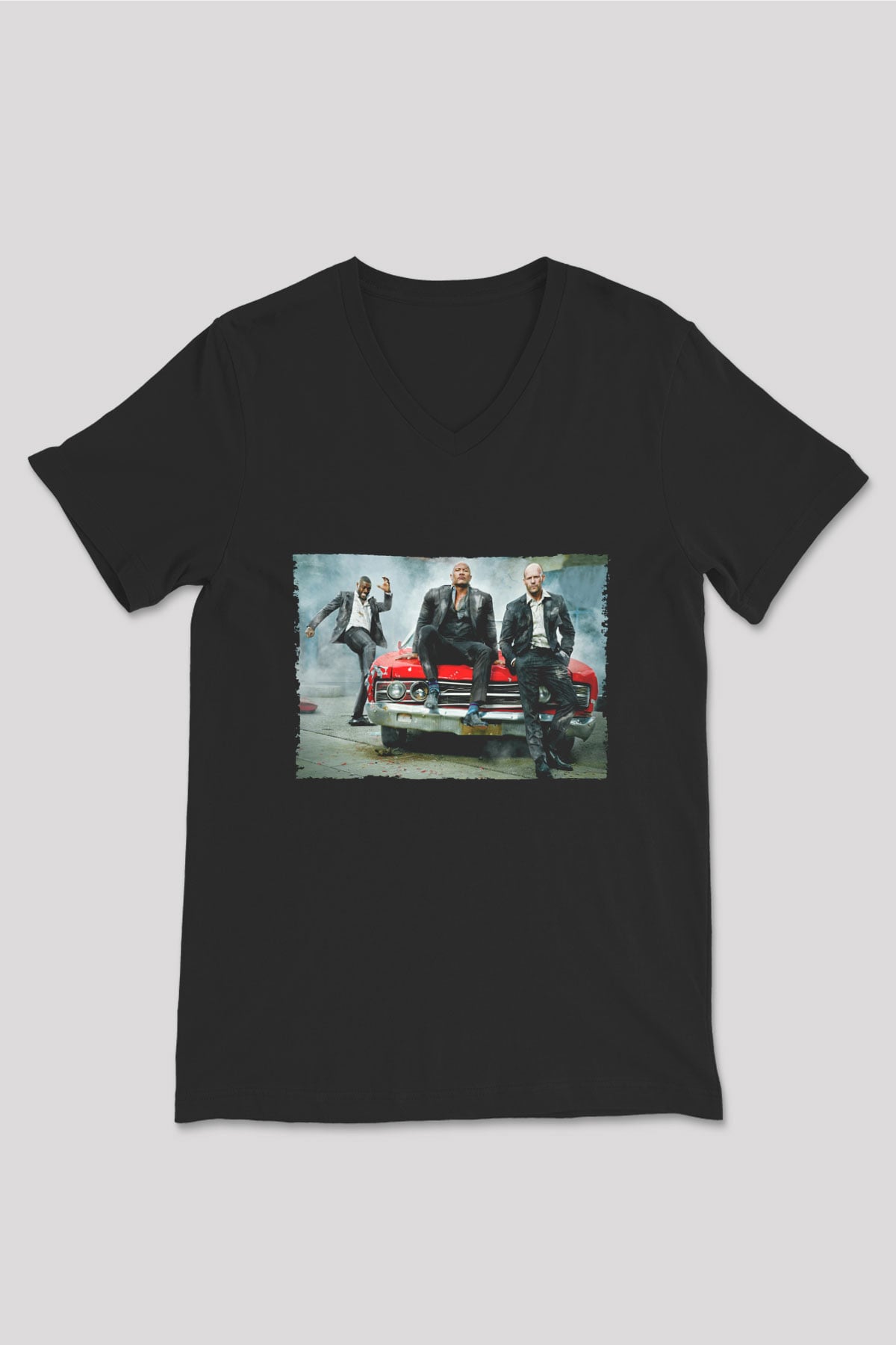 Unisex Hızlı ve Öfkeli Hobbs ve Shaw (Hobbs & Shaw) Baskılı Siyah V Yaka T-shirt