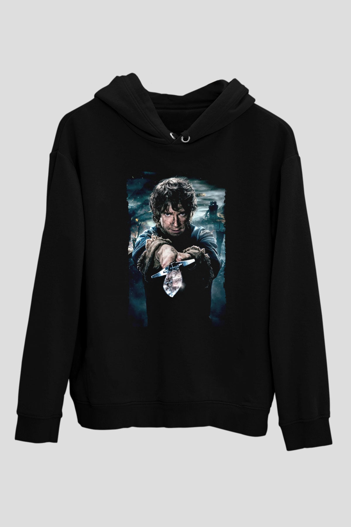 Unisex Hobbit Beş Ordunun Savaşı (The Hobbit The Battle of the Five Armies) Baskılı Siyah Kapüşonlu Sweatshirt