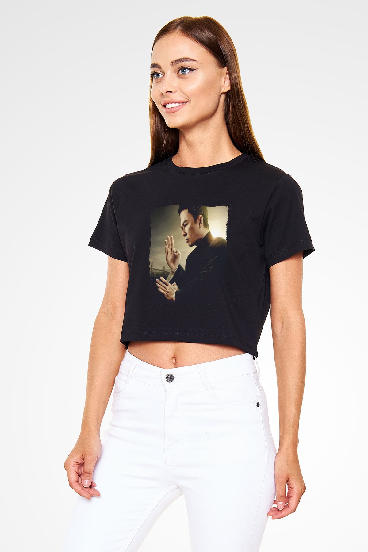 Unisex Ip Man Baskılı Siyah Crop Top Tshirt