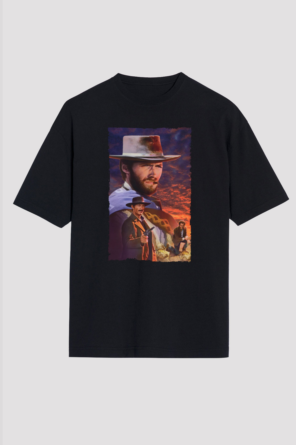 Unisex İyi, Kötü ve Çirkin (The Good, the Bad and the Ugly) Baskılı Siyah Oversize T-shirt