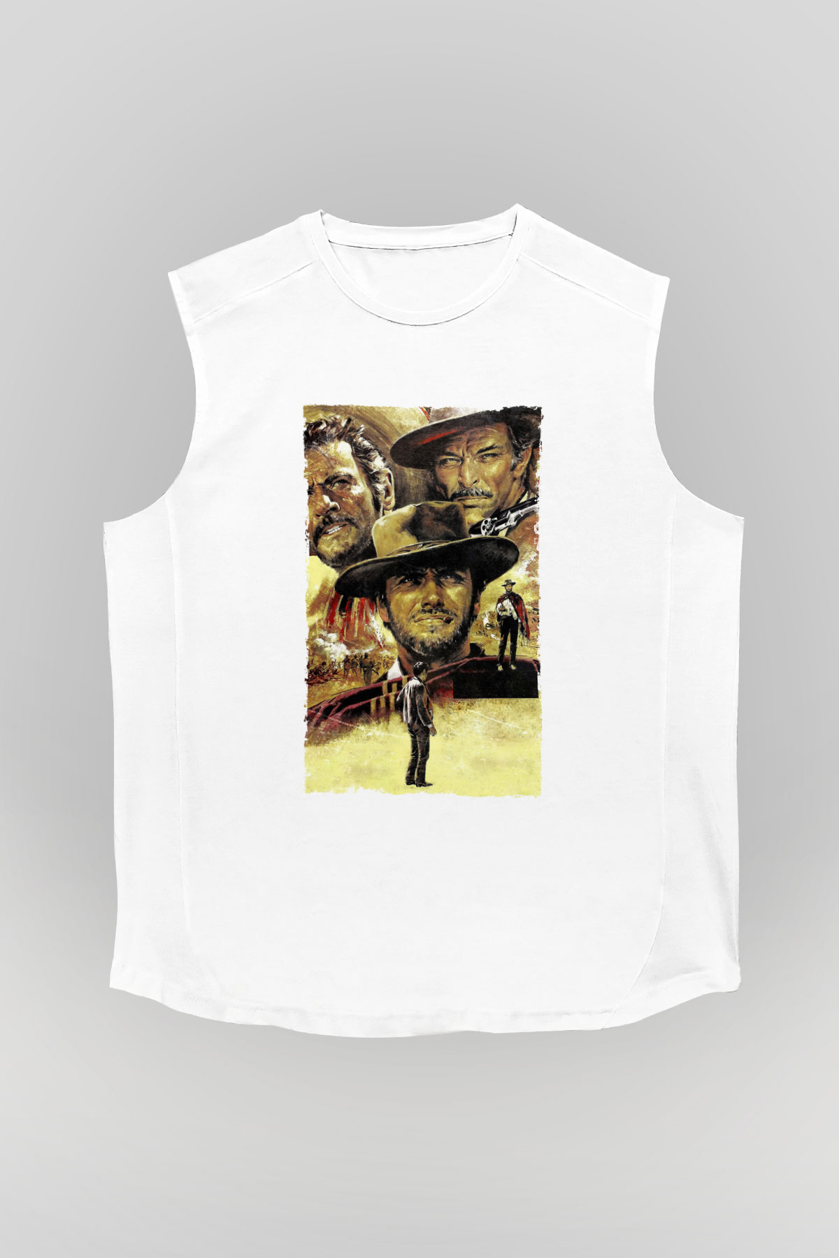 Unisex İyi, Kötü ve Çirkin (The Good, the Bad and the Ugly) Baskılı Beyaz Kolsuz Tişört