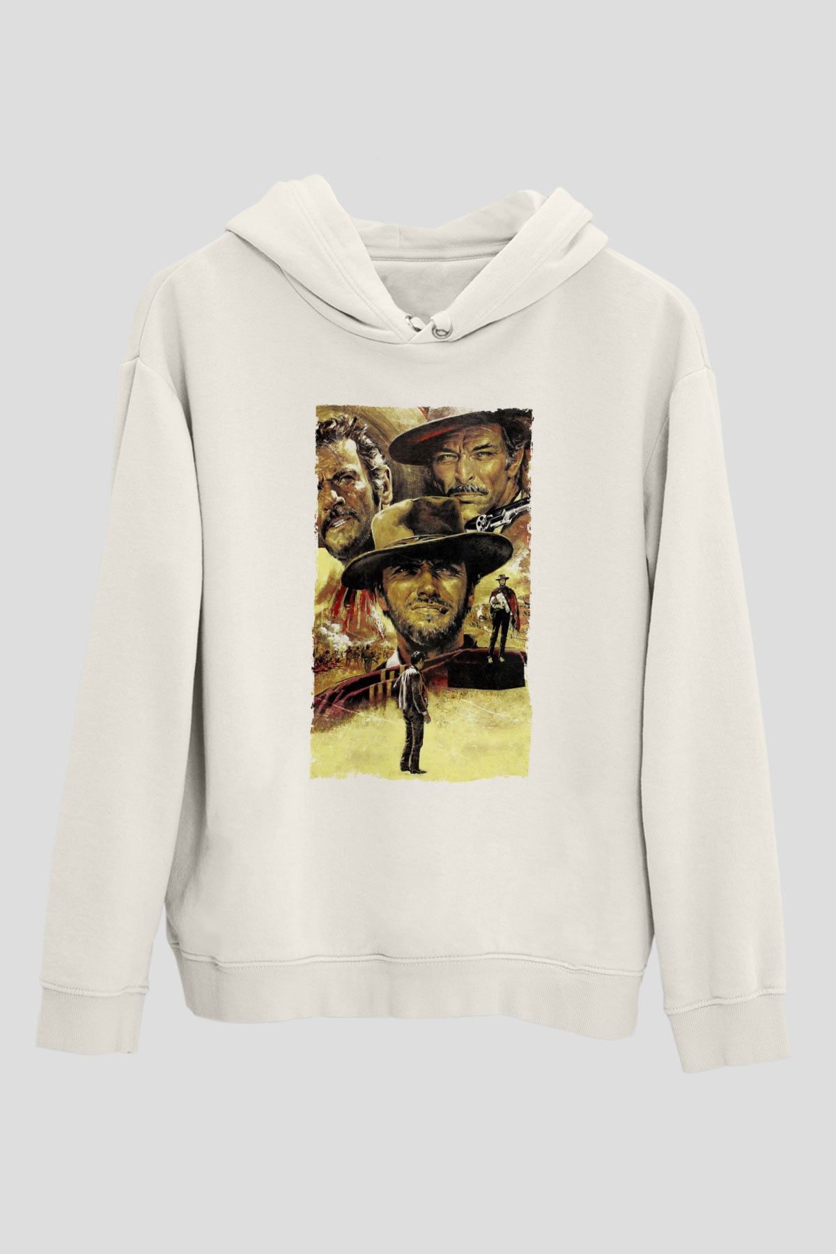 Unisex İyi, Kötü ve Çirkin (The Good, the Bad and the Ugly) Baskılı Beyaz Kapüşonlu Sweatshirt